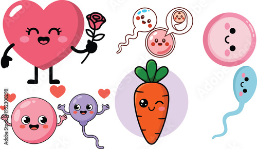 Cute Cartoon Characters Illustration Set with Heart Carrot Cells and Sperm Kawaii Style for Kids Education and Fun Design Isolated on White Background