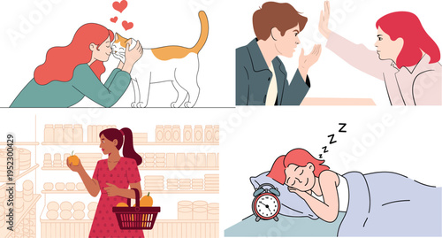 Daily Life Activities Illustration Set with Woman Shopping Sleeping Pet Care and Couple Argument Scenes Showing Modern Lifestyle Concepts Isolated on White Background
