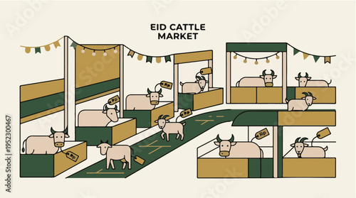 Eid Cattle Market Illustration With Cows And Goats In Stalls
