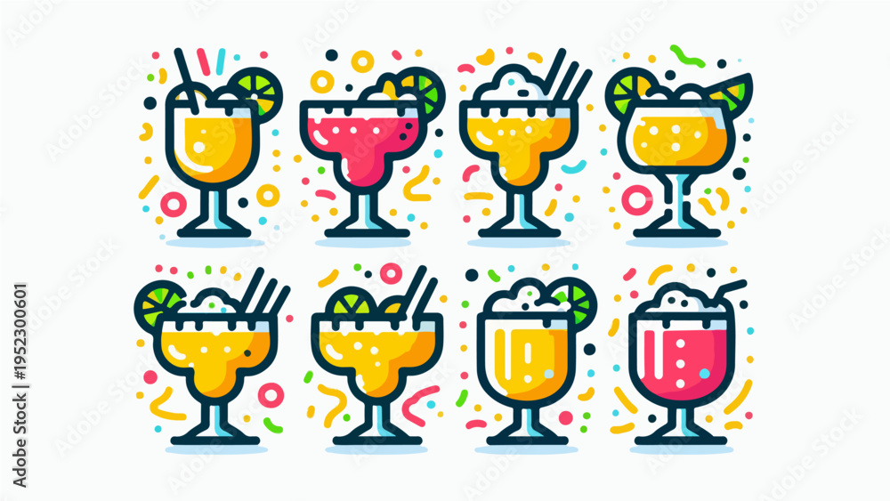 Fototapeta premium Colorful Set of Festive Cocktail and Margarita Glass Illustrations with Citrus Garnishes and Confetti Elements