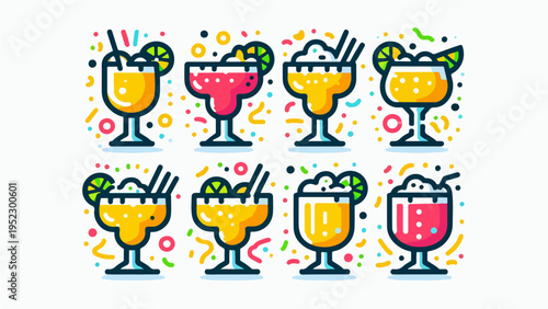 Colorful Set of Festive Cocktail and Margarita Glass Illustrations with Citrus Garnishes and Confetti Elements