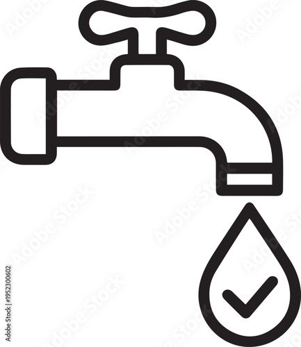 Safe Drinking Water Faucet Line Icon with Checkmark Drop for Potable Supply Concept