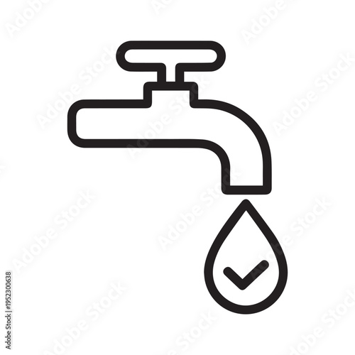Safe Drinking Water Faucet Line Icon with Checkmark Drop for Potable Supply Concept