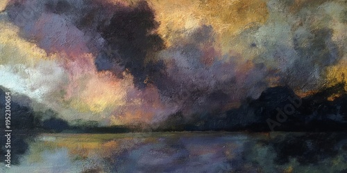 A hazy landscape painting featuring a vibrant sky reflecting in a calm body of water, with an indistinct shoreline