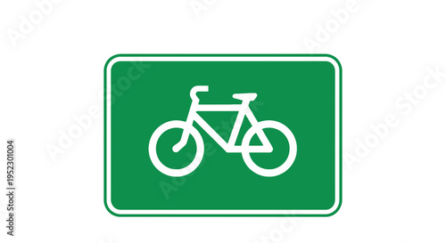A rectangular green sign with a white bicycle symbol, indicating a bicycle path