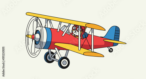 Cartoon biplane with a cat pilot wearing goggles and a helmet, in flight