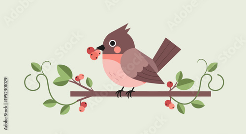 A stylized bird with berries on a branch, vines, and leaves, on a soft green background