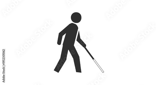 Silhouette of a person using a cane for navigation. Black figure on a white background