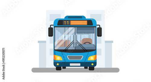 A blue city bus with number 11 on the front, viewed head-on against a city background