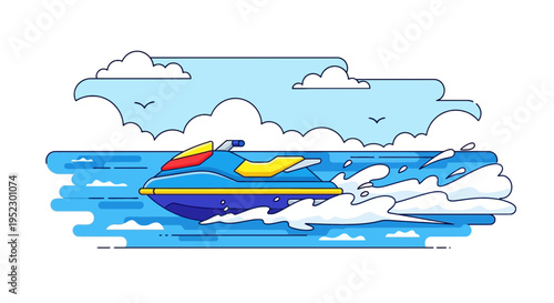 A colorful, stylized jet ski races across the water, with clouds above