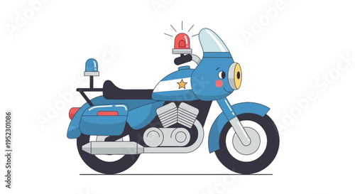 A stylized cartoon police motorcycle with a smiling face and flashing lights