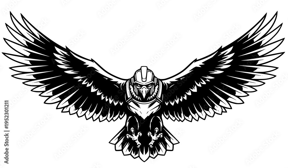 Fototapeta premium Flying Eagle Warrior with Military Helmet Black and White Vector Illustration