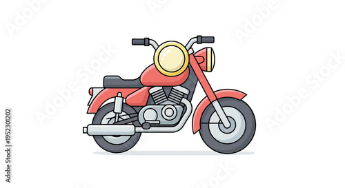 A cartoon-style red motorcycle illustration, featuring a headlight, exhaust, and seat, isolated on white