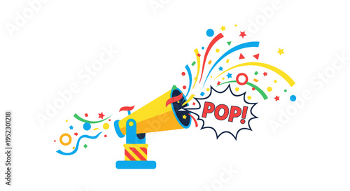A colorful cartoon confetti cannon explodes with "POP!" against a white backdrop