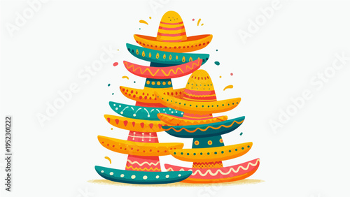 Colorful Stack of Traditional Mexican Sombreros in Playful Flat Illustration Style