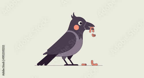 A stylized crow holding worms in its beak, with worms also on the ground