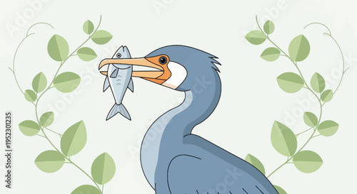 Illustration of a bird holding a fish in its beak, surrounded by green leaves