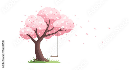 Illustration of a blossoming pink tree with a swing and falling petals on a white backdrop