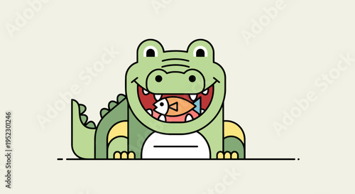 Cartoon illustration of a green alligator smiling with a fish in its mouth. Flat design
