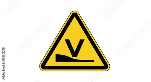 A yellow triangular road sign with a black border, depicting a speed bump and an uppercase "V