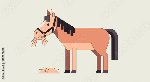 A stylized horse with geometric shapes, eating hay, against a cream background