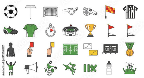 Colorful soccer icons and elements arranged together on transparent background silhouette