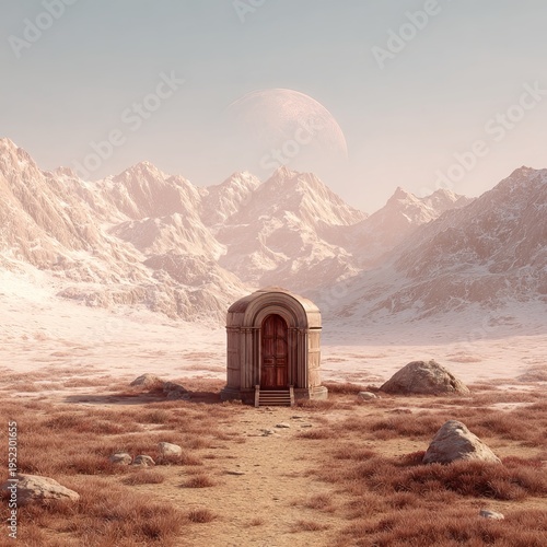 Wallpaper Mural A lone, arched doorway stands amid a desolate, snow-capped mountain range under an alien planet, sepia toned Torontodigital.ca