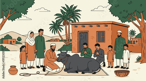 Muslim family performing cow sacrifice ritual for Eid ul Adha.