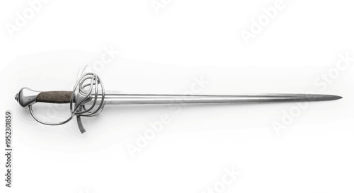 A shiny rapier with a complex handguard is presented against a stark white backdrop