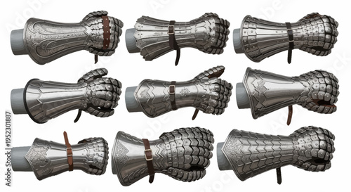 Nine stylized illustrations of metallic gauntlets, shown in various closed and open hand poses