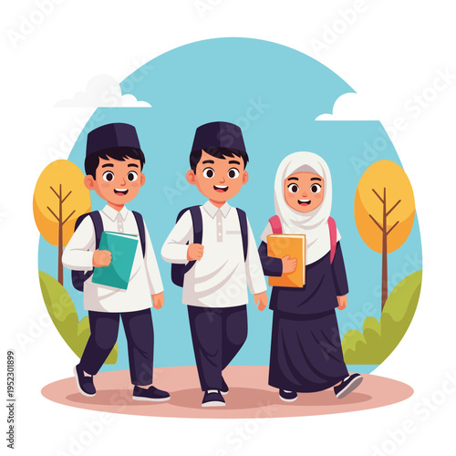 Three Muslim students wearing traditional caps and hijabs, carrying books and backpacks, walking to school happily