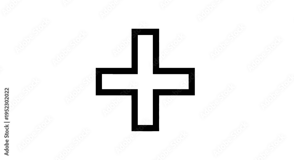 Fototapeta premium A simple plus sign with a bold black outline centered on a white background