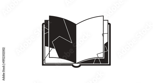 A stylized open book icon, black and white, featuring cracked and geometric page design