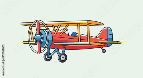 Colorful, cartoon-style biplane illustration with a red fuselage, blue nose, and yellow wings
