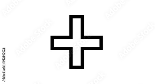 A simple plus sign with a bold black outline centered on a white background