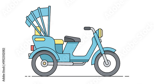 Flat-style illustration of a light blue three-wheeled vehicle with a canopy, suitable for travel