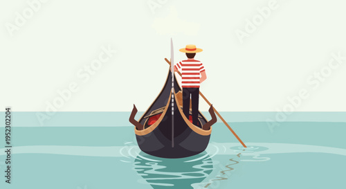 A gondolier in a striped shirt rows his boat on calm water. A straw hat is worn
