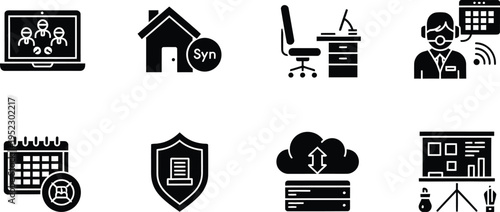 Set of Modern Black Flat Icons for Remote Work, Hybrid Office Management, Cloud Computing Infrastructure, Cyber Security, and Business Data Analytics Visualization Vector