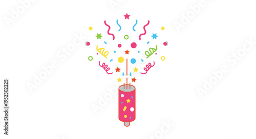 Colorful cartoon illustration of a party popper with confetti explosion on white background