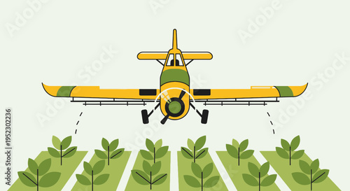 A yellow crop duster aircraft spraying plants in a field with green foliage