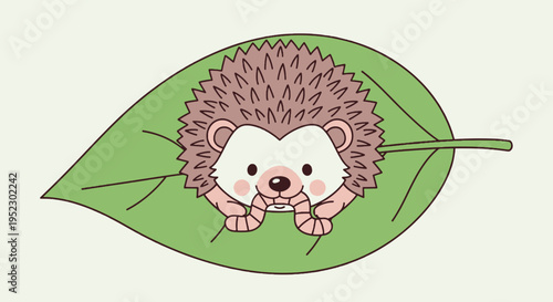 A cute cartoon hedgehog with spiky fur rests on a large green leaf. It has pink cheeks and a worm