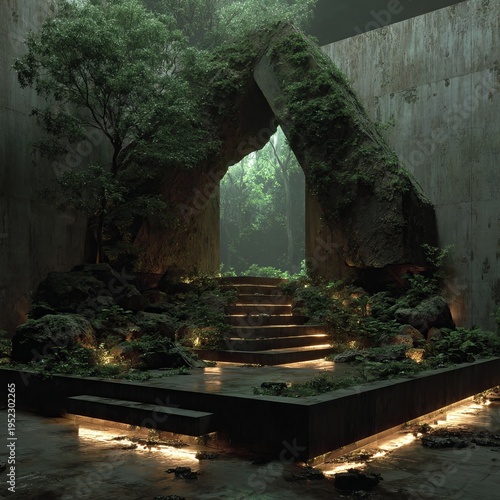 Wallpaper Mural A lush, green scene a stone archway overgrown with foliage leads to a forest, stairs ascend, illuminated Torontodigital.ca