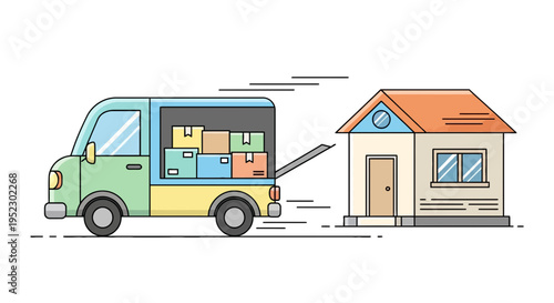 A colorful delivery truck filled with boxes approaches a small house, showing the moving process