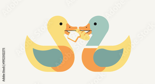 Two stylized ducks sharing a piece of bread, minimalistic design