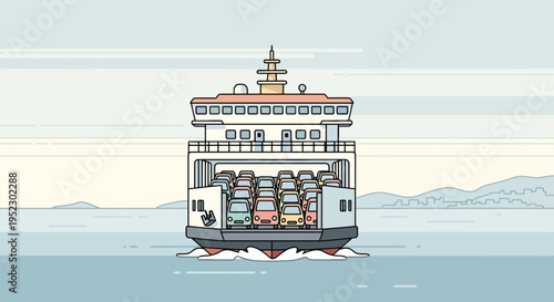 A stylized ferry carrying cars on the water, with land in the distance