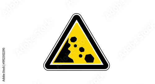 A yellow road sign features a black border and graphic indicating falling rocks