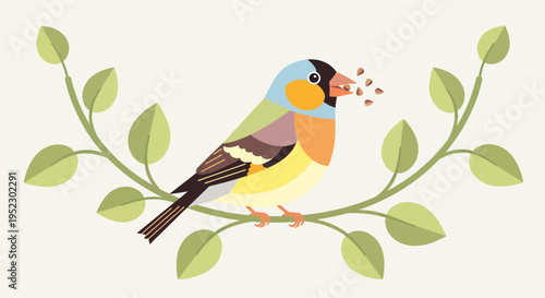 Colorful, geometric bird perched on a branch, eating seeds. Simple, elegant design