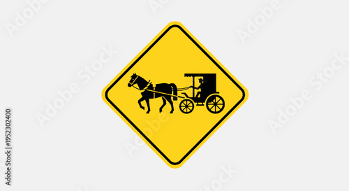 A yellow diamond road sign with a black horse-drawn carriage symbol