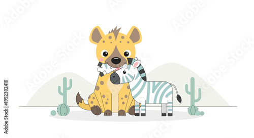 A hyena holding a zebra figurine, with another zebra, desert background