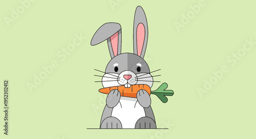 A cartoon rabbit, holding a carrot in its mouth, stands on a green background